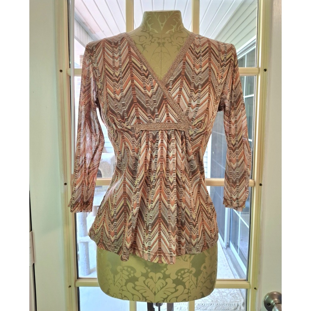 Y2K Vintage Coldwater Creek Brown Gold Metallic Blouse XS Stretch